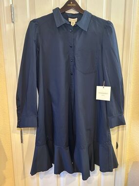 Cynthia Rowley Navy Long Sleeve Shirt Dress with Side Pockets